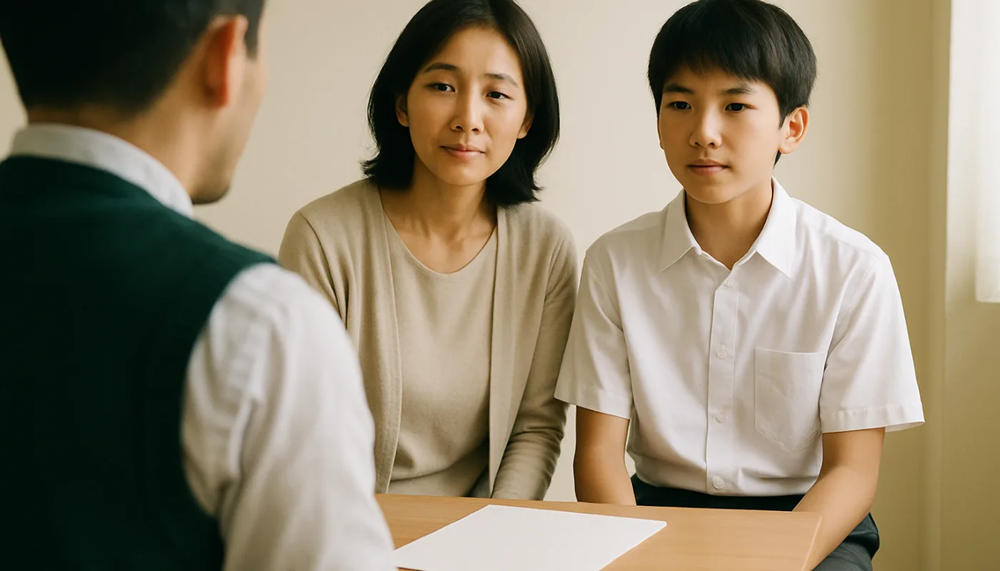 小さな机をはさみ、保護者と中学生の生徒が並んで説明を聞いている。手前は講師の後ろ姿（イメージ写真）