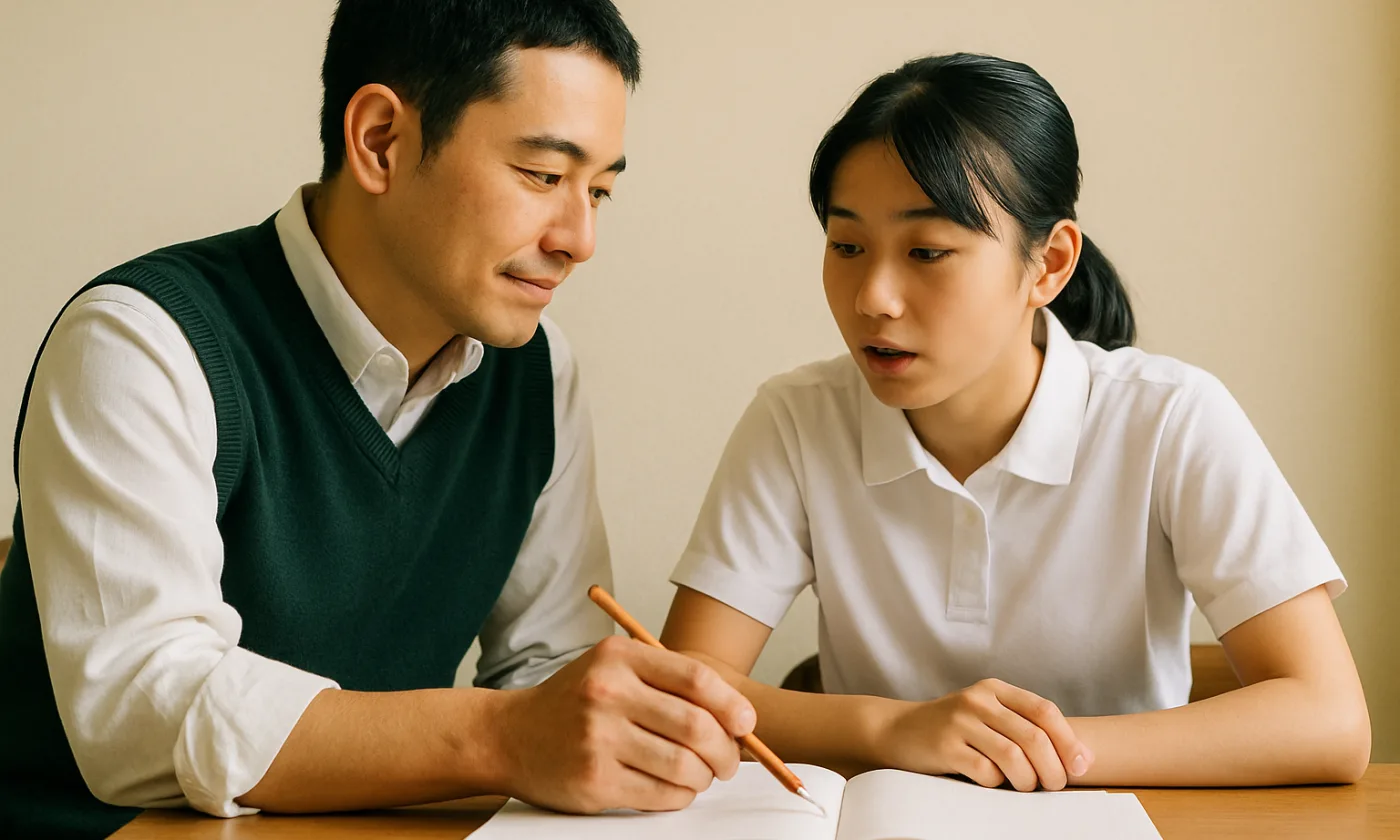 木の机で並んで座る講師が、鉛筆の先で無地のノートの一点を指し、中学生の生徒がそれを見ながら話しはじめている様子（イメージ写真）