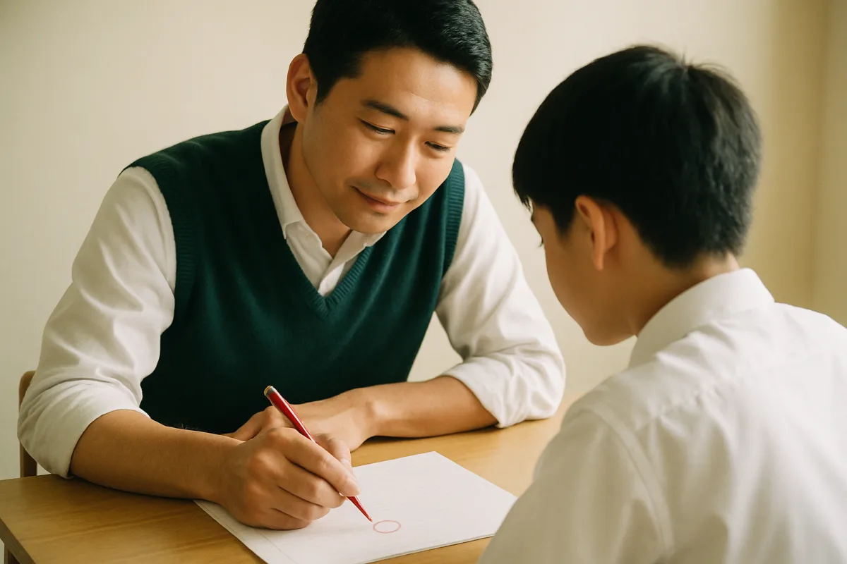 講師が生徒の答案に赤ペンで丸を書き入れ、生徒が隣でその手元を見ている様子（イメージ写真）