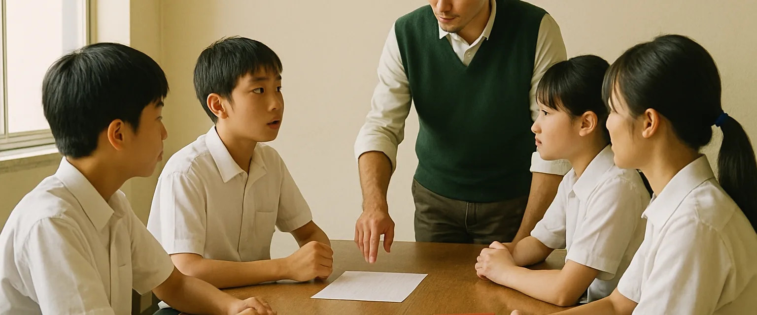 明るい小部屋で1つの長机を4人の中学生が囲み、机の端に立つ講師が手元の紙を示しながら話している様子（イメージ写真）
