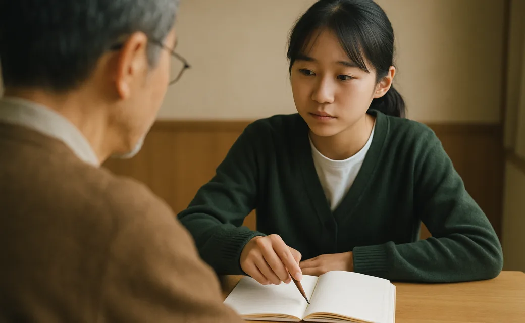 机の上のノートを指さして説明する中学生と、それを聞く講師の後ろ姿のイメージ写真