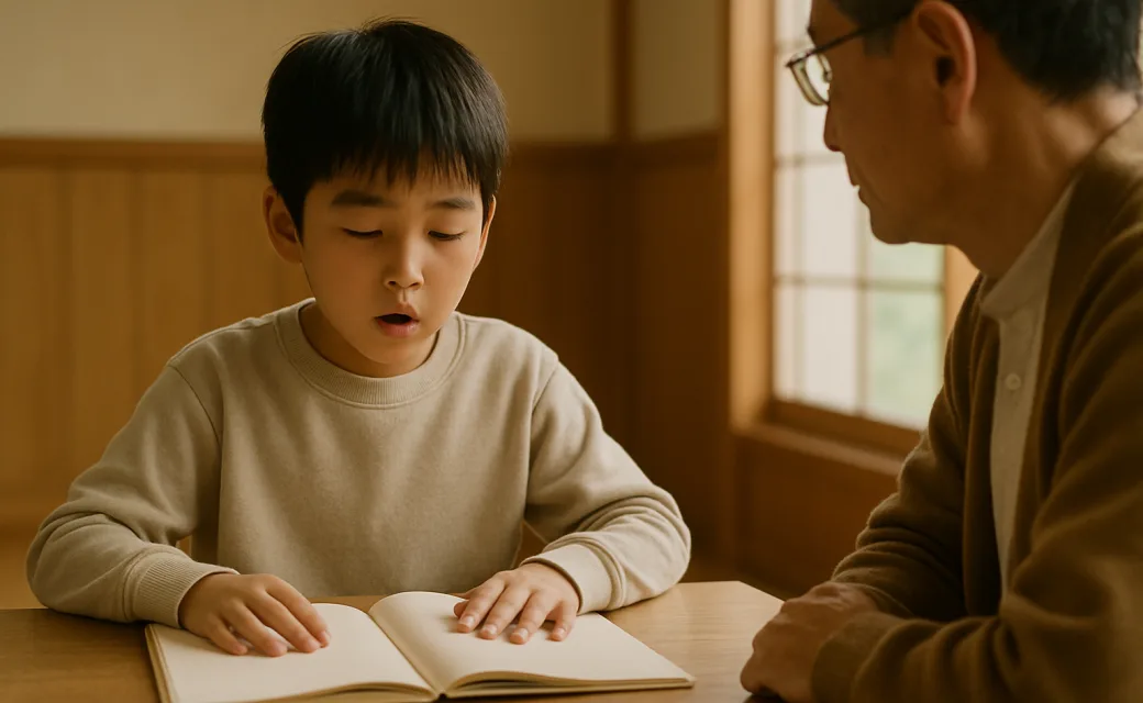 低い机で無地の本を開いて音読する小学生と、そばに座る講師の後ろ姿のイメージ写真