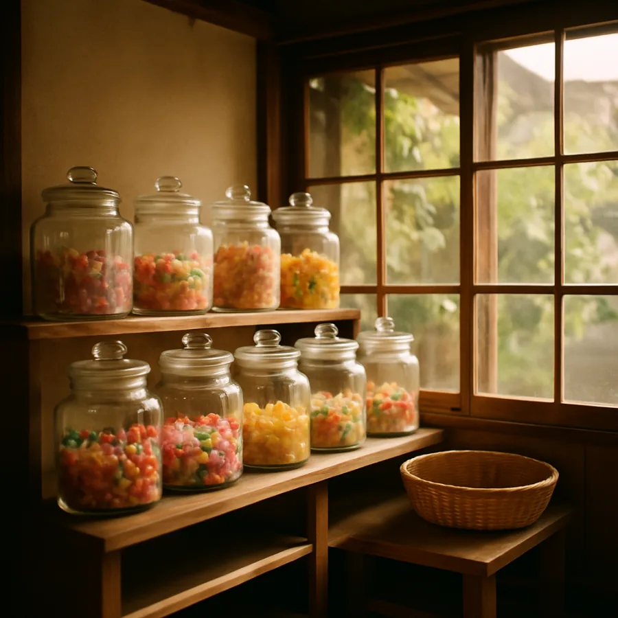 ガラス瓶にお菓子が並ぶ、昔ながらの駄菓子屋の棚のイメージ写真