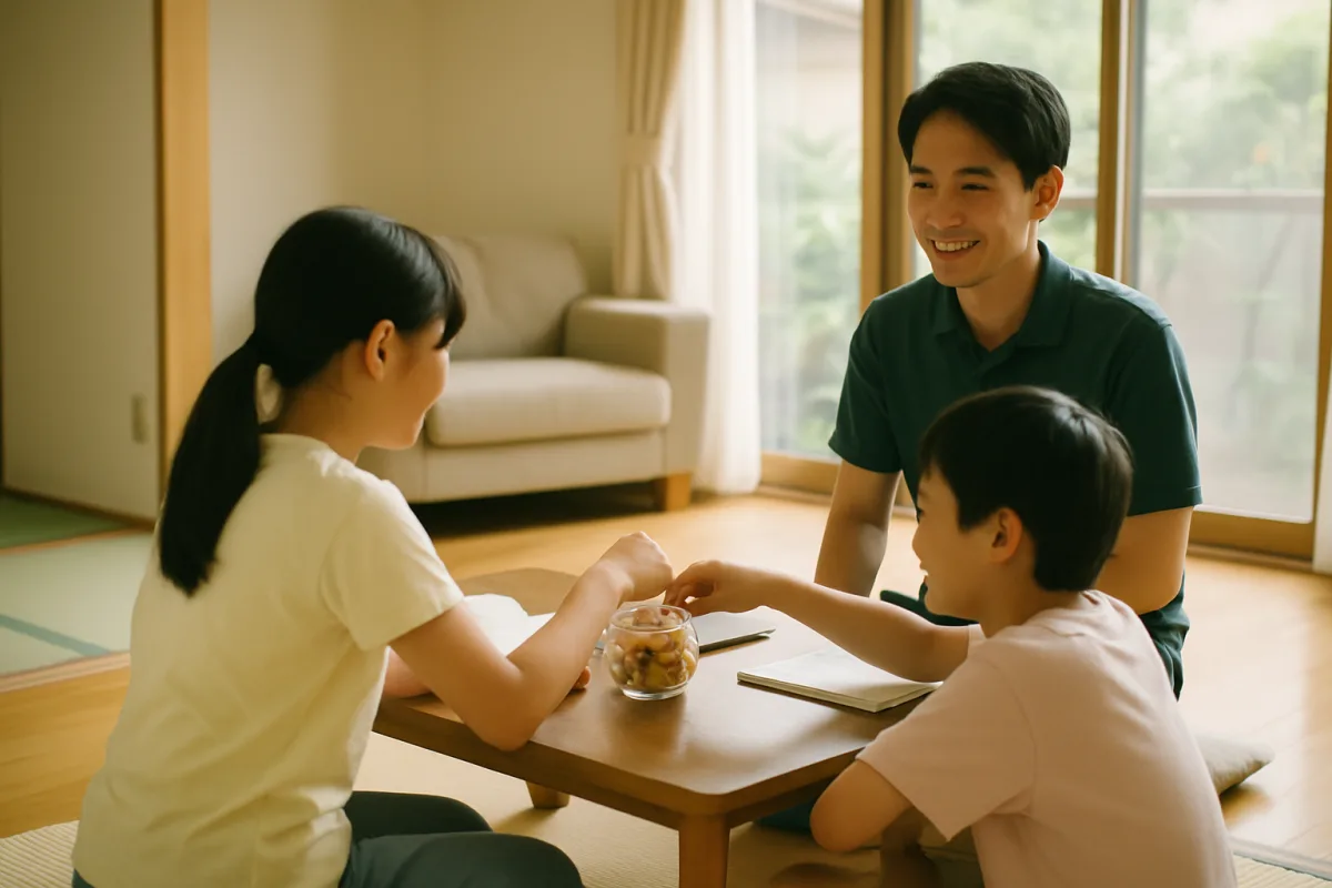 リビングのローテーブルで、休憩中の子どもたちが談笑しているイメージ写真