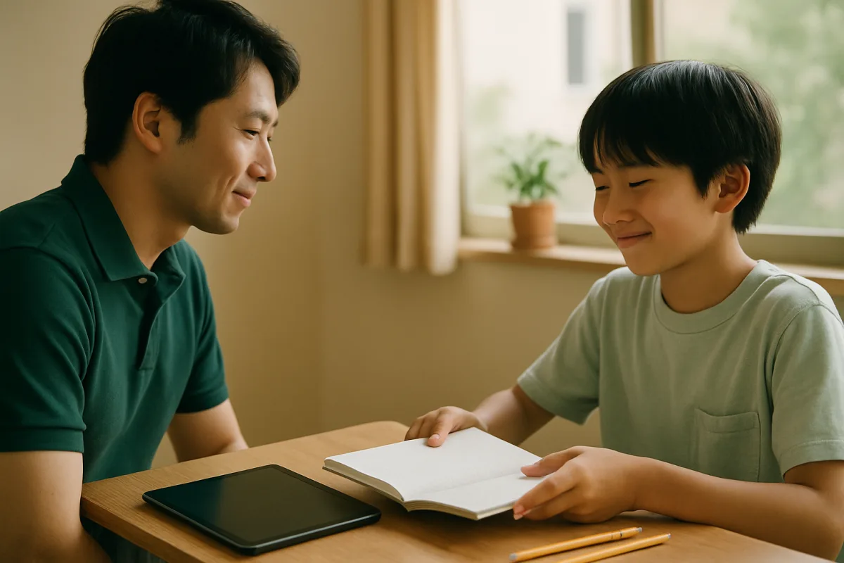 説明を終えてノートを閉じる生徒と、うなずく先生のイメージ写真