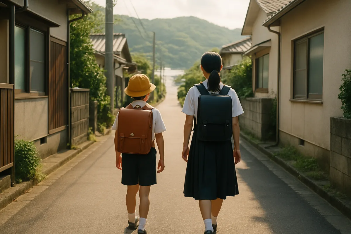 通学かばんを背負ったふたりの生徒が、まっすぐな道を歩いていくイメージ写真