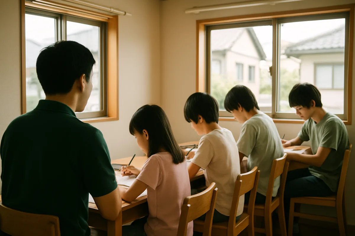 学年の違う生徒たちが同じ部屋で机に向かい、それぞれのペースで学んでいるイメージ写真