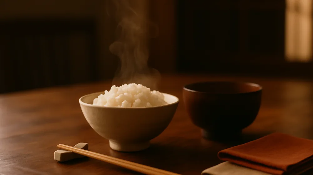 夕方の食卓に置かれた、湯気の立つご飯茶碗と味噌汁のイメージ写真