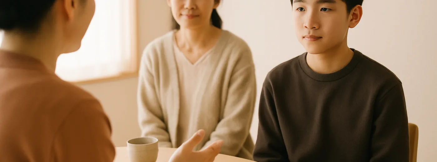 テーブルを挟んだ無料個別相談の様子。並んで座る保護者と生徒、手前に講師の後ろ姿のイメージ写真