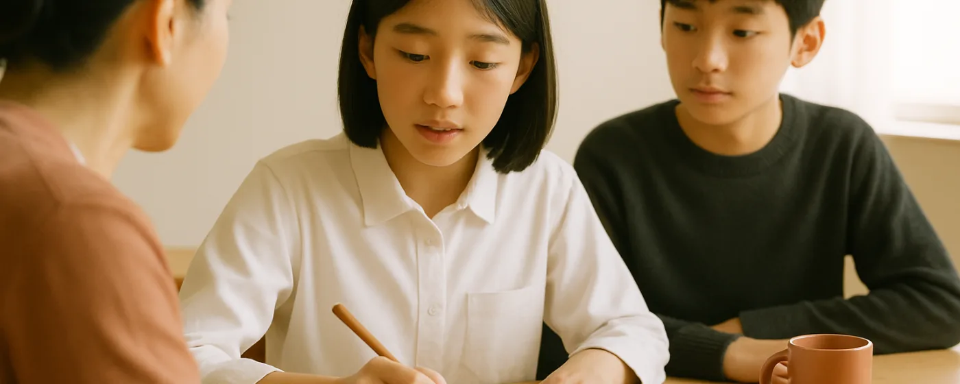 自分のノートを指しながら解き方を説明する生徒と、うなずいて聞く講師の後ろ姿のイメージ写真