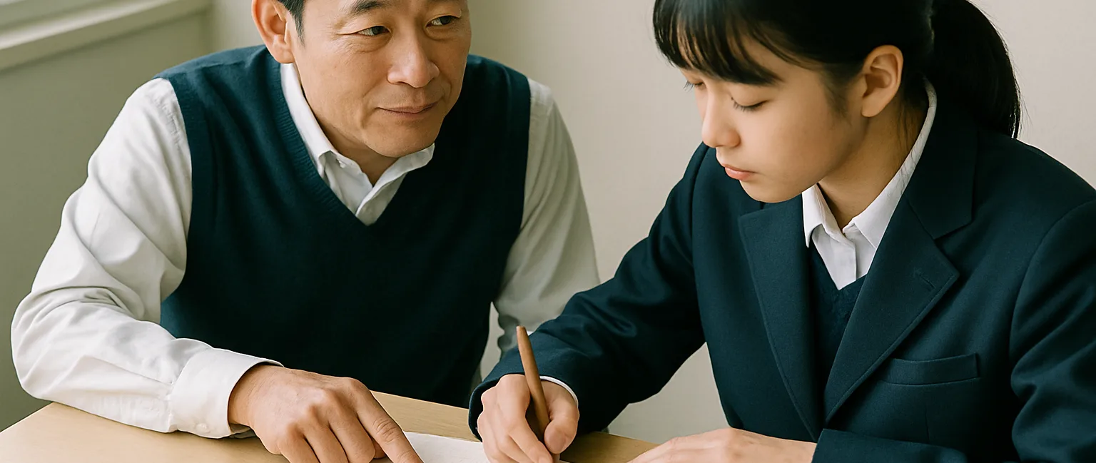 方眼ノートに定規を当てて週の計画を書き込む生徒と、隣で一行を指しながら見守る講師（イメージ写真）