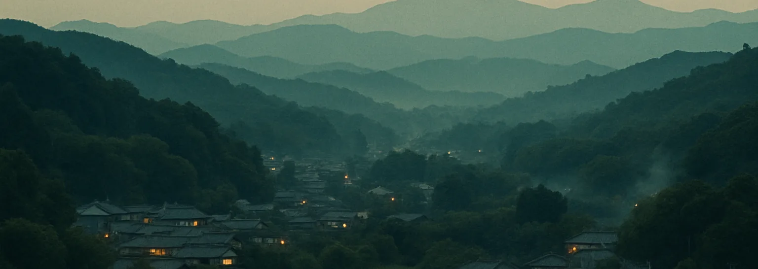 夕暮れの丘の町並みに家々の明かりがともり始めた遠景（イメージ写真）