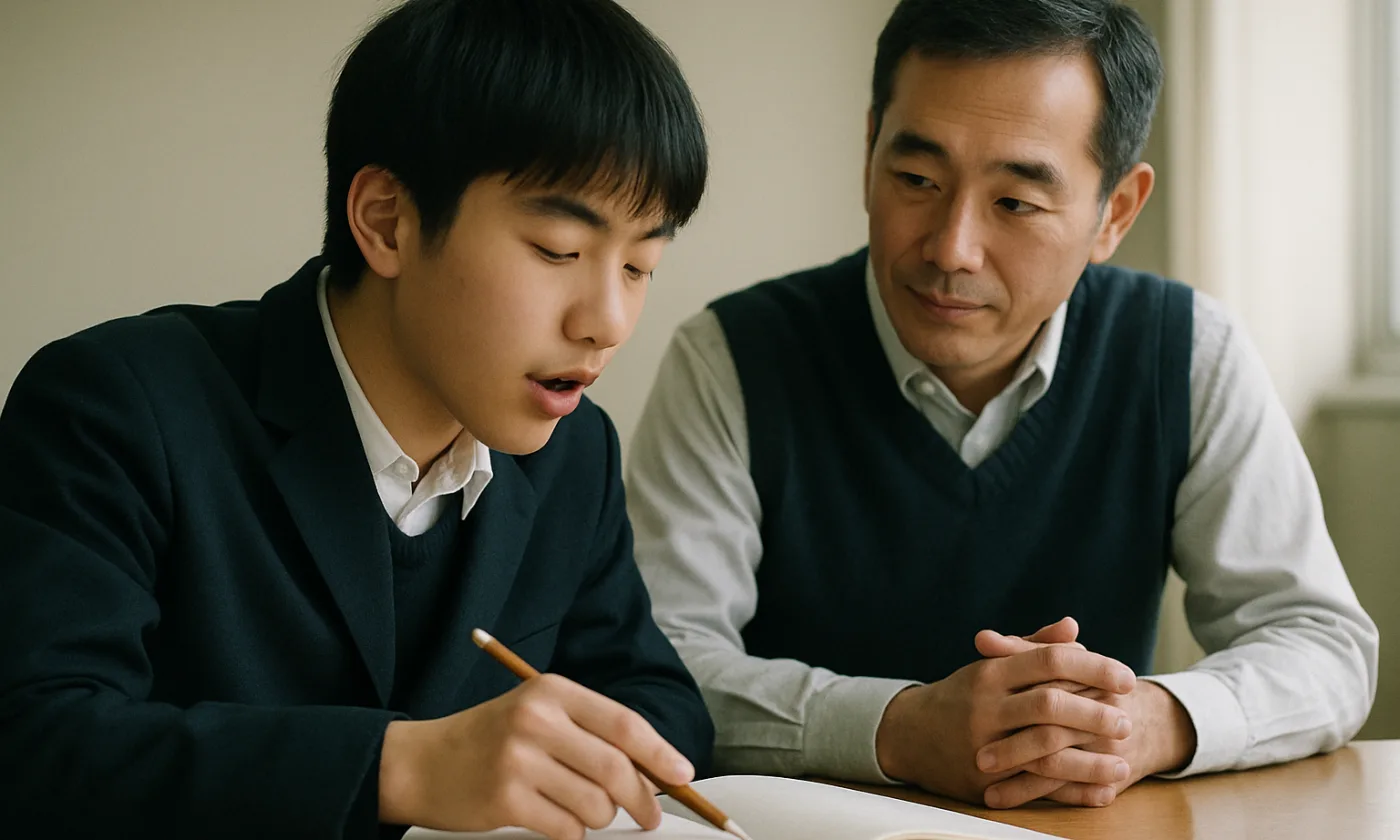 机の一角で、生徒が自分の書いた解き方を指しながら説明し、講師が聞いている様子（イメージ写真）