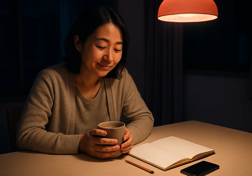 夜のダイニングテーブルで、湯気の立つマグを手に子どものノートへそっと目をやる母親。スマートフォンは伏せて置かれている（イメージ写真）