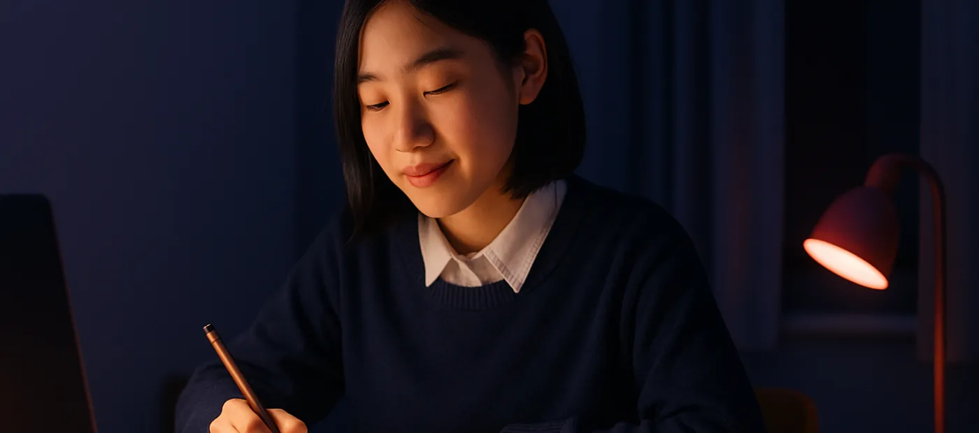 夜の自室の机で、無地のノートに鉛筆を走らせる中学生。かたわらのノートパソコンは画面を向こう側に向け、やわらかな光が机にこぼれている（イメージ写真）