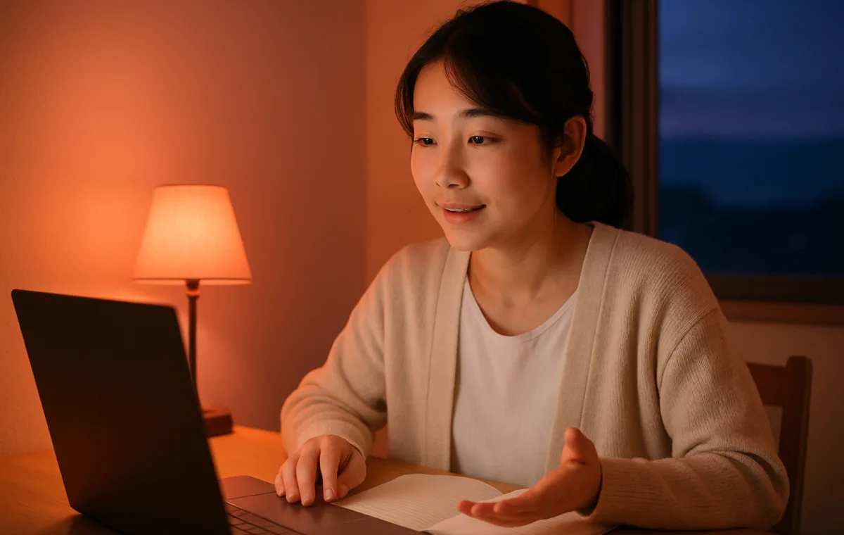夜のはじまりの部屋で、画面を向こう側に向けたノートパソコンに向かって話しかける女性講師。手元には無地の罫線ノートと鉛筆がある（イメージ写真）