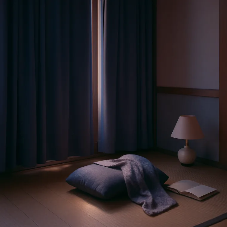 カーテンの隙間から昼の光が差し込む部屋の隅。床のクッションに毛布がかけられ、伏せて置かれた本と消えたままの小さなランプがある（イメージ写真）