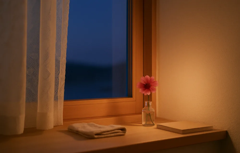 夕暮れの窓辺。レースのカーテン越しに宵の空が見え、窓枠に小さなピンクの花を挿した小瓶と閉じたノートが置かれている（イメージ写真）