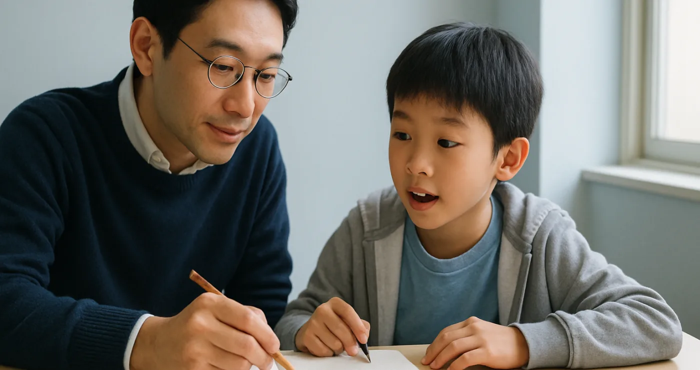 講師が横に座って無地のノートの図を指しながら教え、小学生が顔を上げてうなずいている1対1指導のイメージ写真
