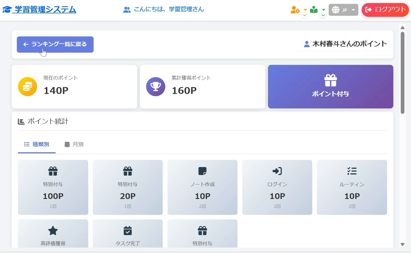 ポイントの画面。ノート作成やログインなどのがんばりで貯まったポイントの内訳
