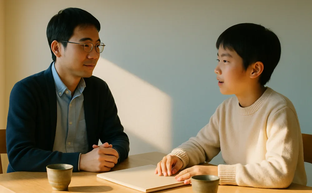 午後の光が差す面談テーブルで、講師と生徒が向かい合って話している様子（イメージ写真）
