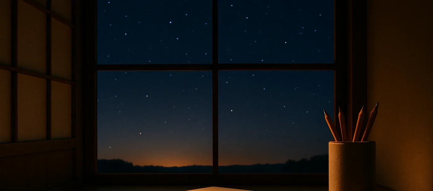夜の窓辺に置かれた閉じたノートと鉛筆立て越しに、星空がひろがっている写真（イメージ写真）