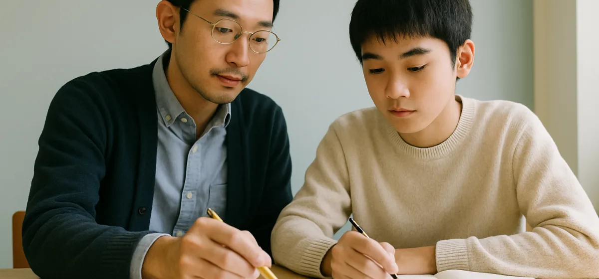 明るい机で講師が鉛筆でプリントを指しながら、隣に座る生徒に問いかけている個別指導の様子（イメージ写真）