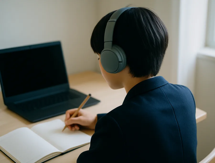 自宅の机でヘッドホンをつけ、画面が消えたノートPCと開いたノートに向かう生徒の後ろ姿（イメージ写真）