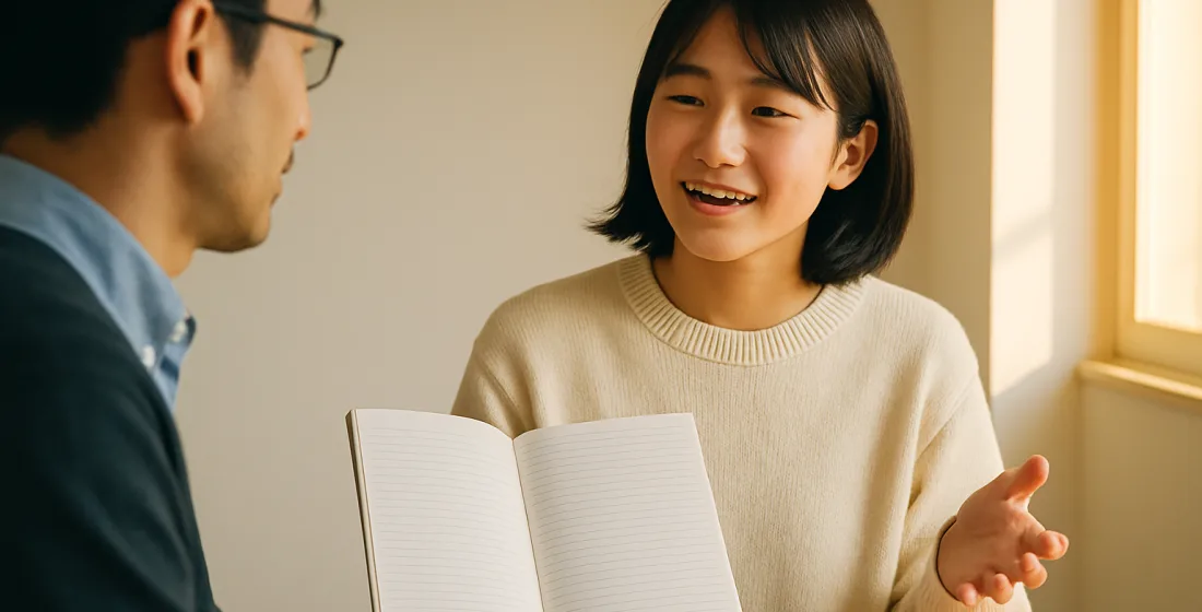 生徒が無地の計画ノートを開いて先生に見せながら、一週間の振り返りを自分の言葉で説明している様子（イメージ写真）