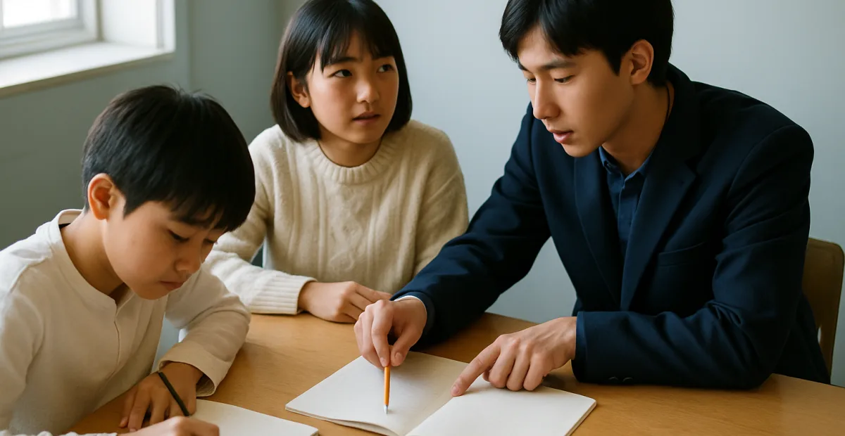 大きな木のテーブルを囲み、年齢の違う3人の生徒がノートを広げて教え合っている様子（イメージ写真）
